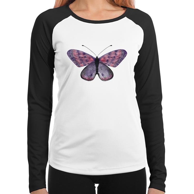 Baby Look Raglan Borboleta Lilás Manga Longa