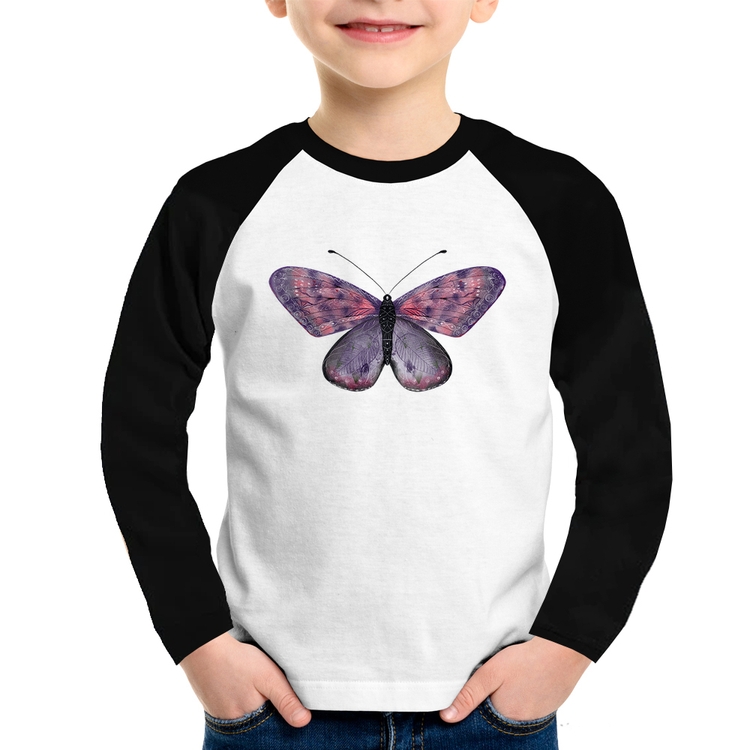 Camiseta Raglan Infantil Borboleta Lilás Manga Longa