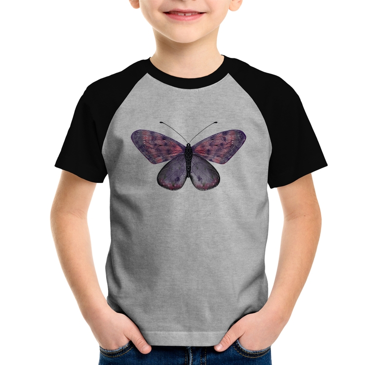 Camiseta Raglan Infantil Borboleta Lilás - Cinza/Preto