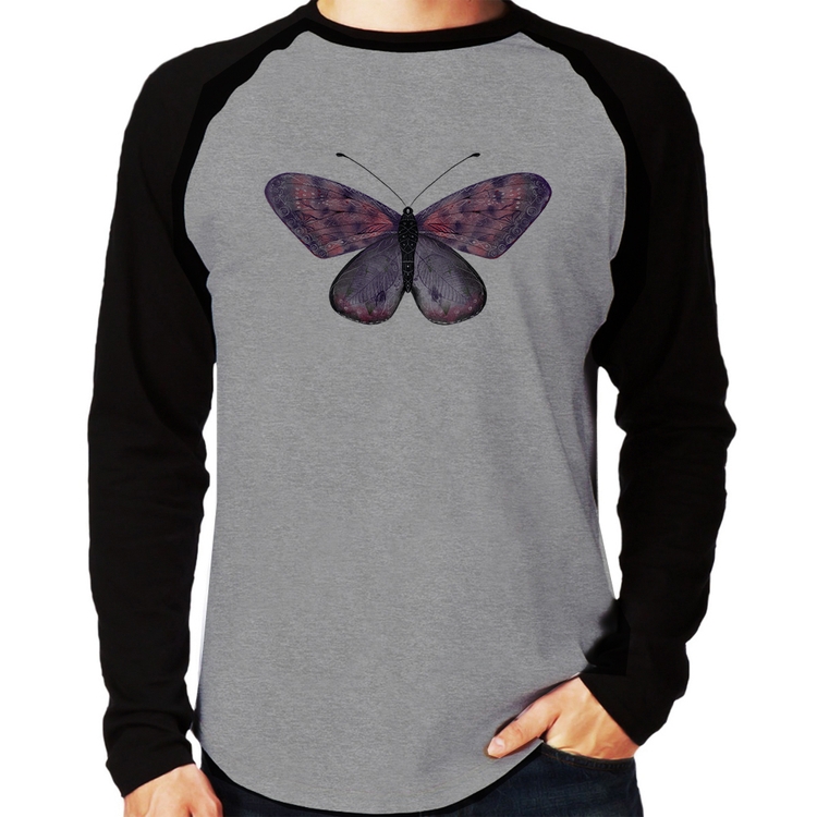Camiseta Raglan Borboleta Lilás Manga Longa - Cinza/Preto