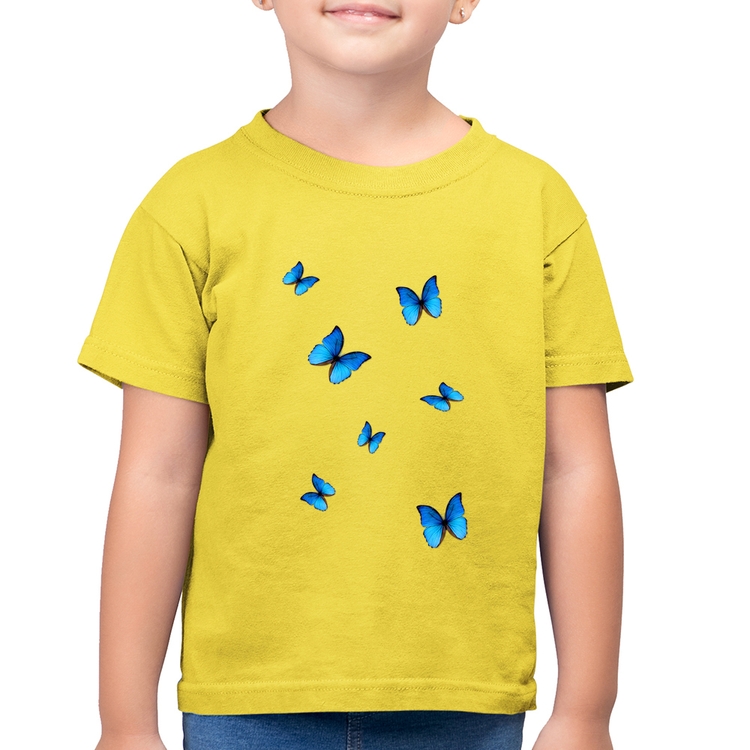 Camiseta Algodão Infantil Borboletas Azuis - Amarelo Canário
