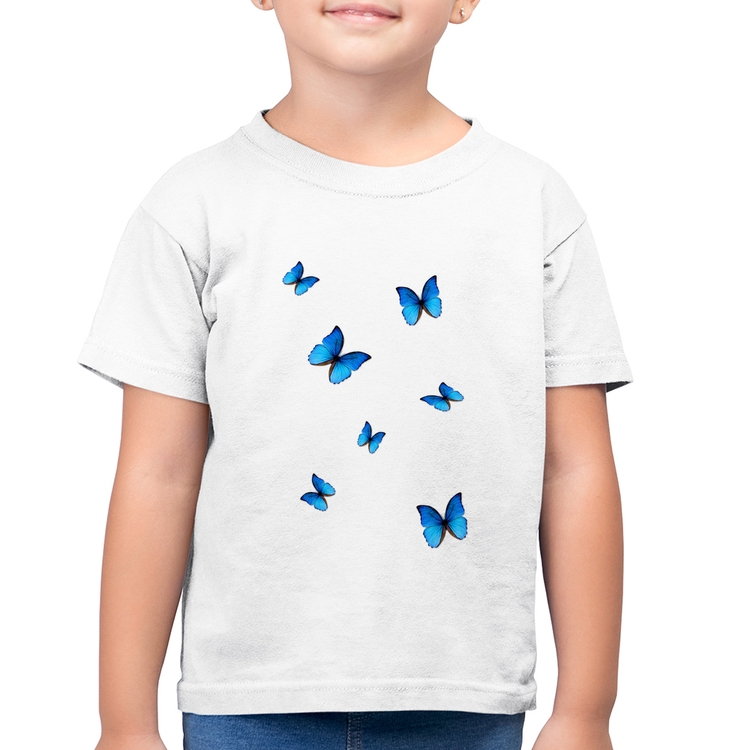 Camiseta Algodão Infantil Borboletas Azuis - Branca