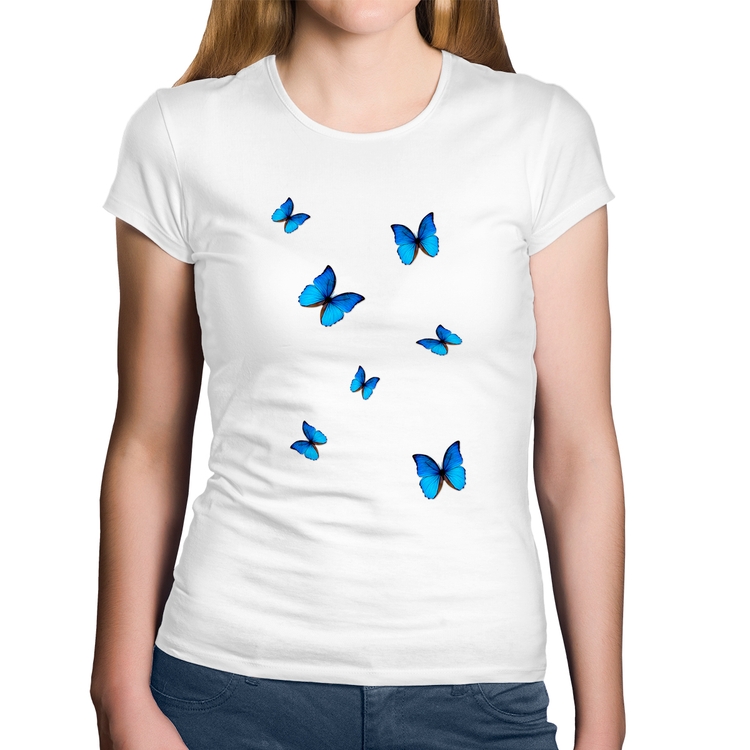 Baby Look Algodão Borboletas Azuis - Branca