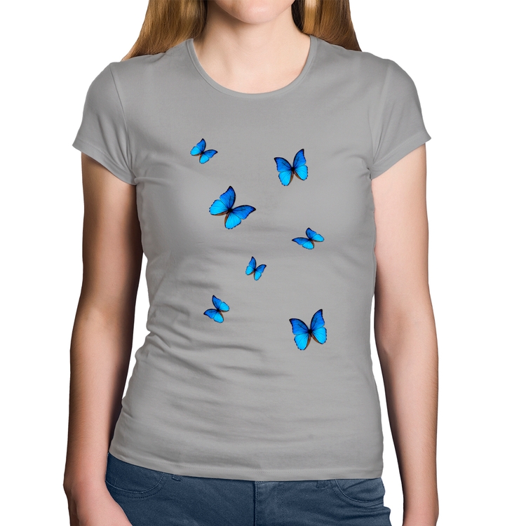 Baby Look Algodão Borboletas Azuis - Cinza