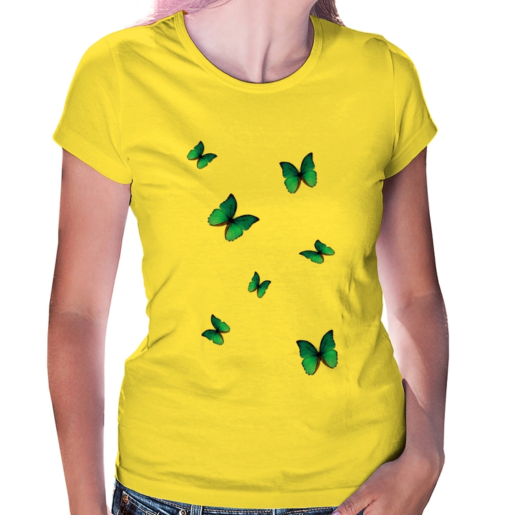 Baby Look Borboletas Azuis - Amarela