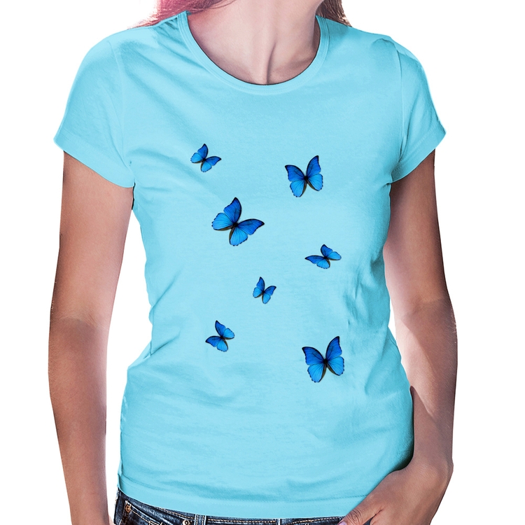 Baby Look Borboletas Azuis - Azul Bebê