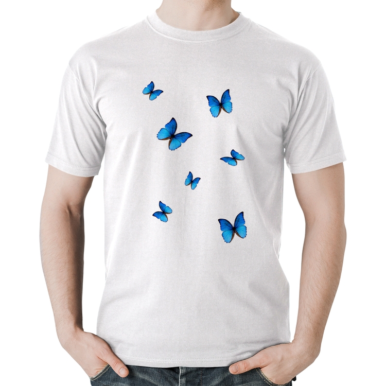 Camiseta Algodão Borboletas Azuis - Branca