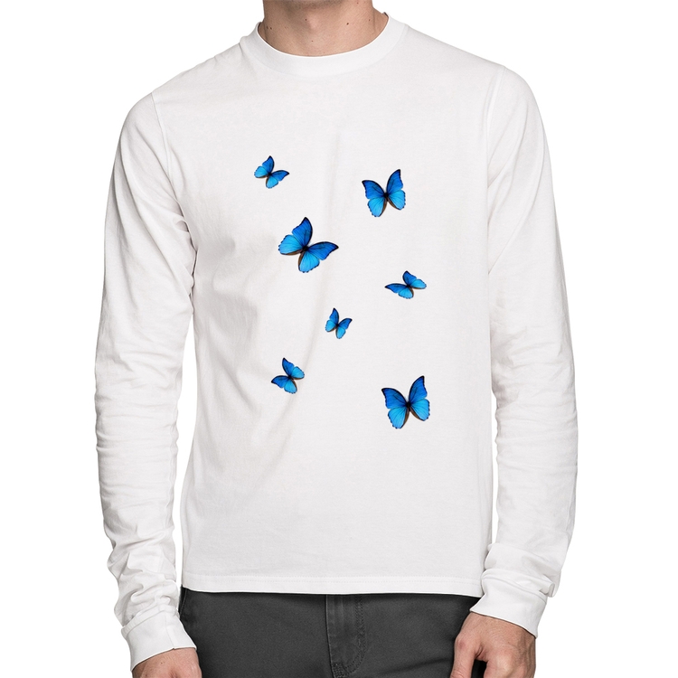 Camiseta Algodão Borboletas Azuis Manga Longa - Branca