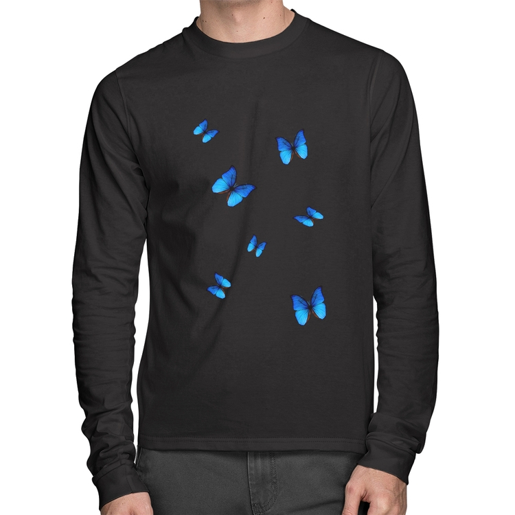 Camiseta Algodão Borboletas Azuis Manga Longa