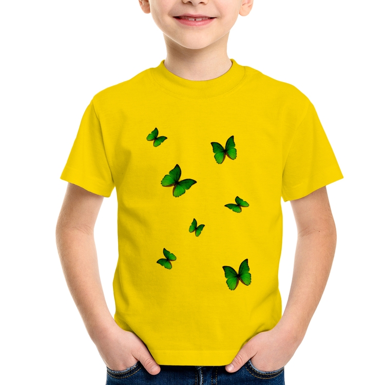 Camiseta Infantil Borboletas Azuis - Amarela