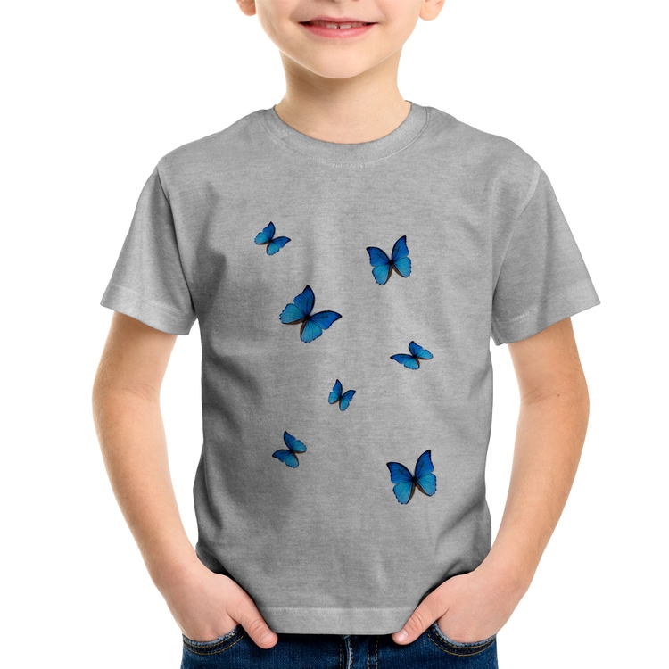 Camiseta Infantil Borboletas Azuis - Cinza