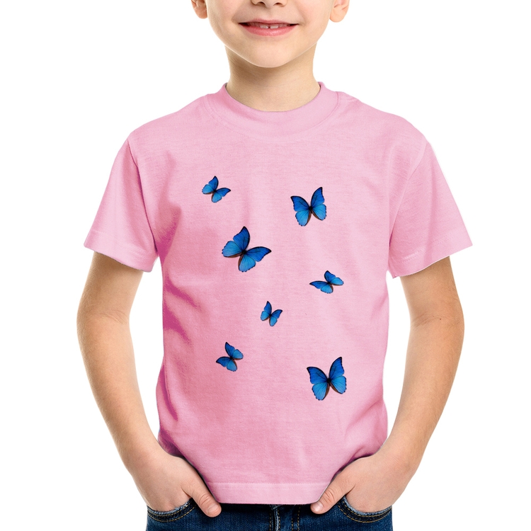 Camiseta Infantil Borboletas Azuis - Rosa Bebê