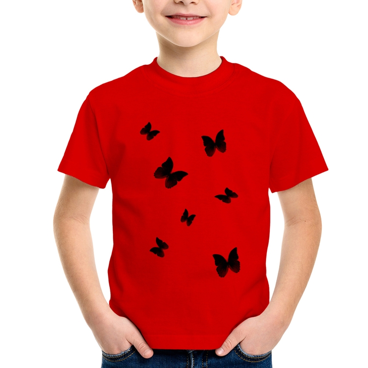 Camiseta Infantil Borboletas Azuis - Vermelha