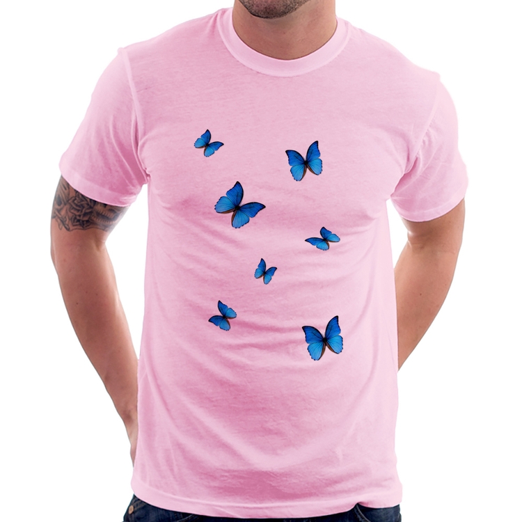 Camiseta Borboletas Azuis - Rosa Bebê