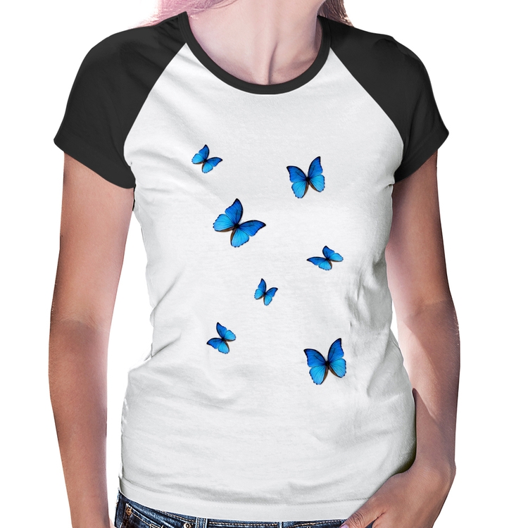 Baby Look Raglan Borboletas Azuis