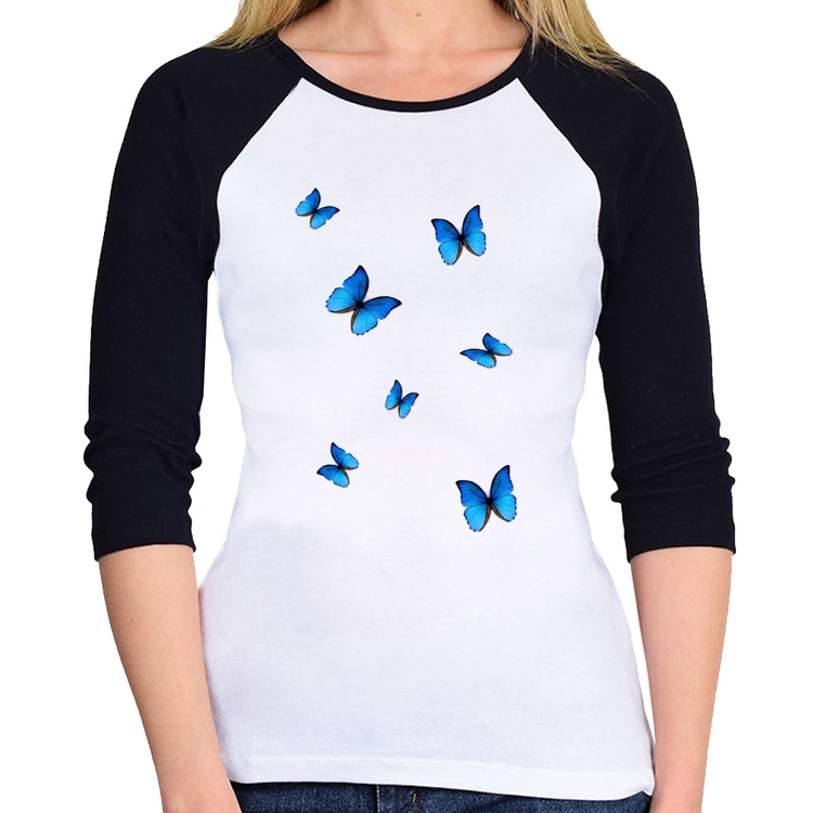 Baby Look Raglan Borboletas Azuis Manga 3/4