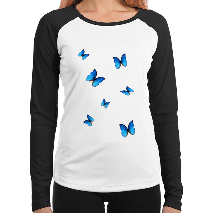 Baby Look Raglan Borboletas Azuis Manga Longa