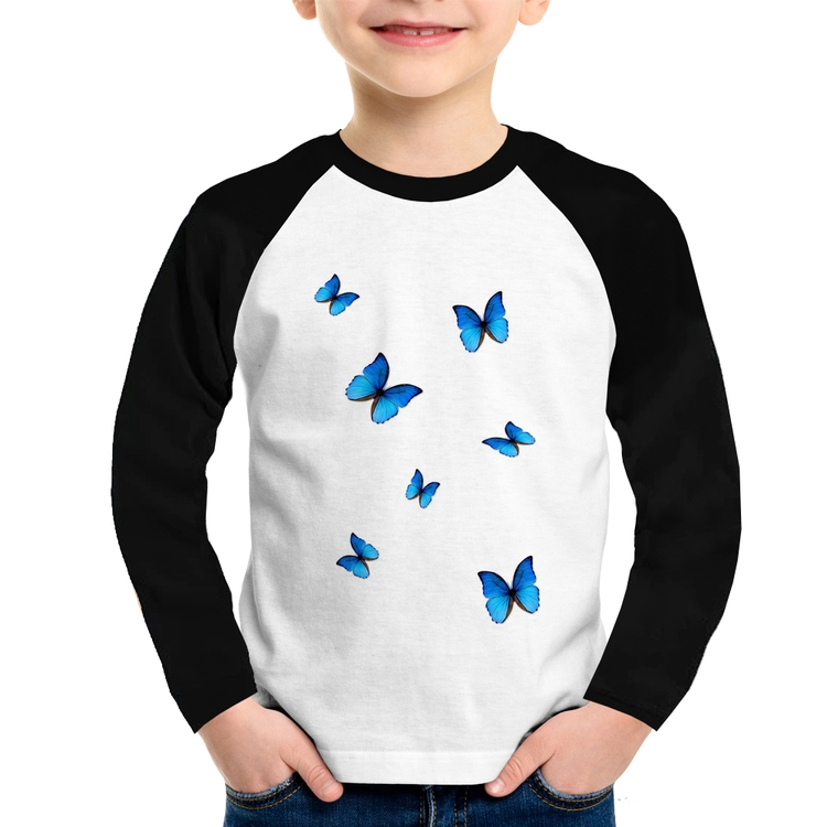 Camiseta Raglan Infantil Borboletas Azuis Manga Longa