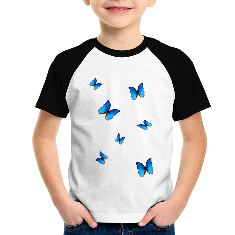 Camiseta Raglan Infantil Borboletas Azuis