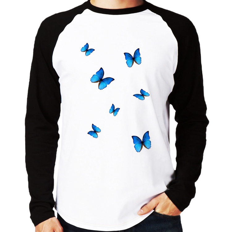 Camiseta Raglan Borboletas Azuis Manga Longa