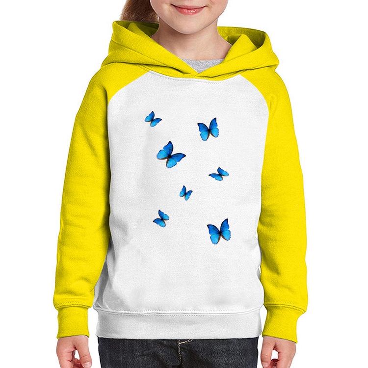 Moletom Infantil Borboletas Azuis - Branco/Amarelo