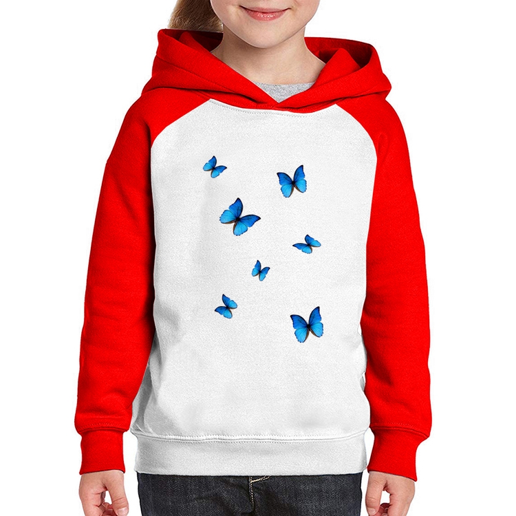 Moletom Infantil Borboletas Azuis - Branco/Vermelho