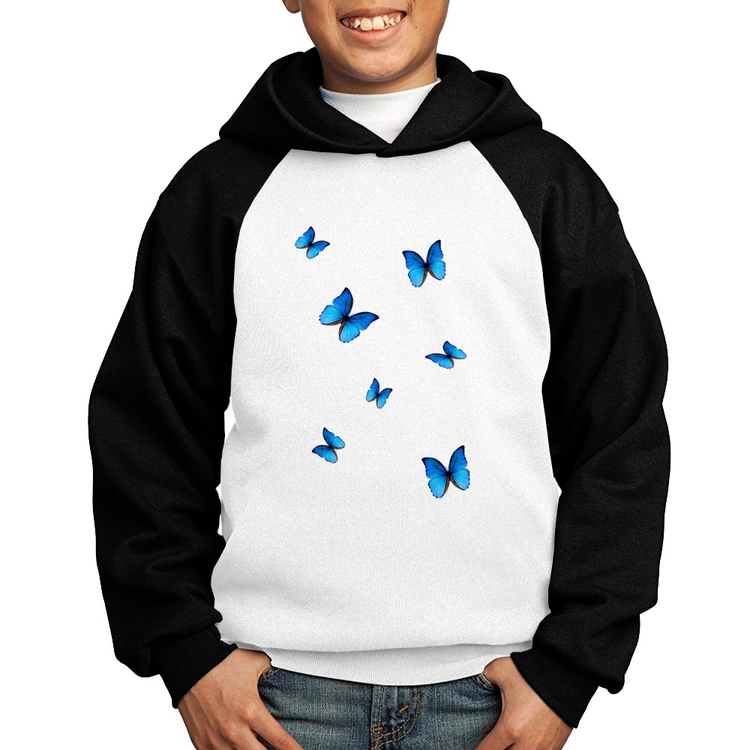 Moletom Infantil Borboletas Azuis - Branco/Preto