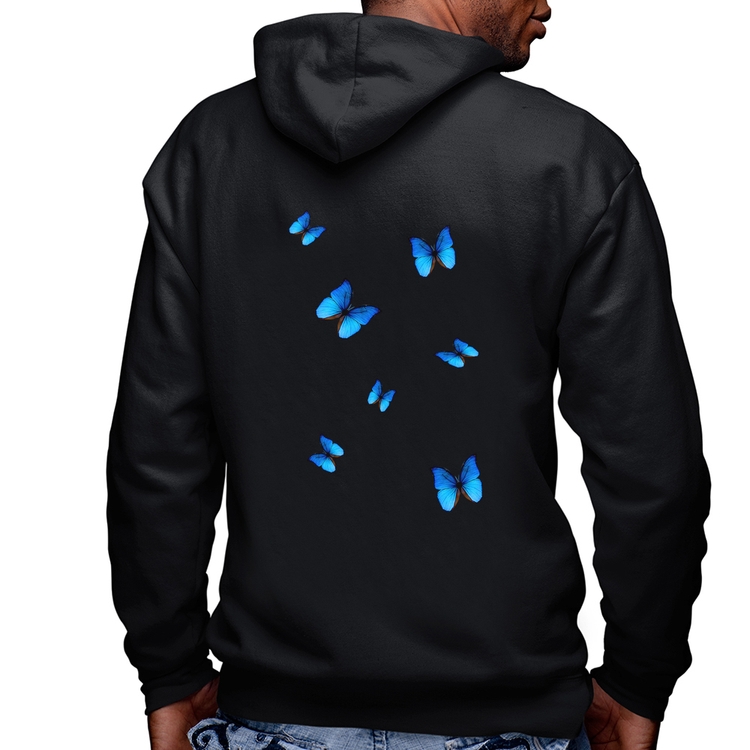 Blusa Moletom Borboletas Azuis Masculina com Capuz e Zíper