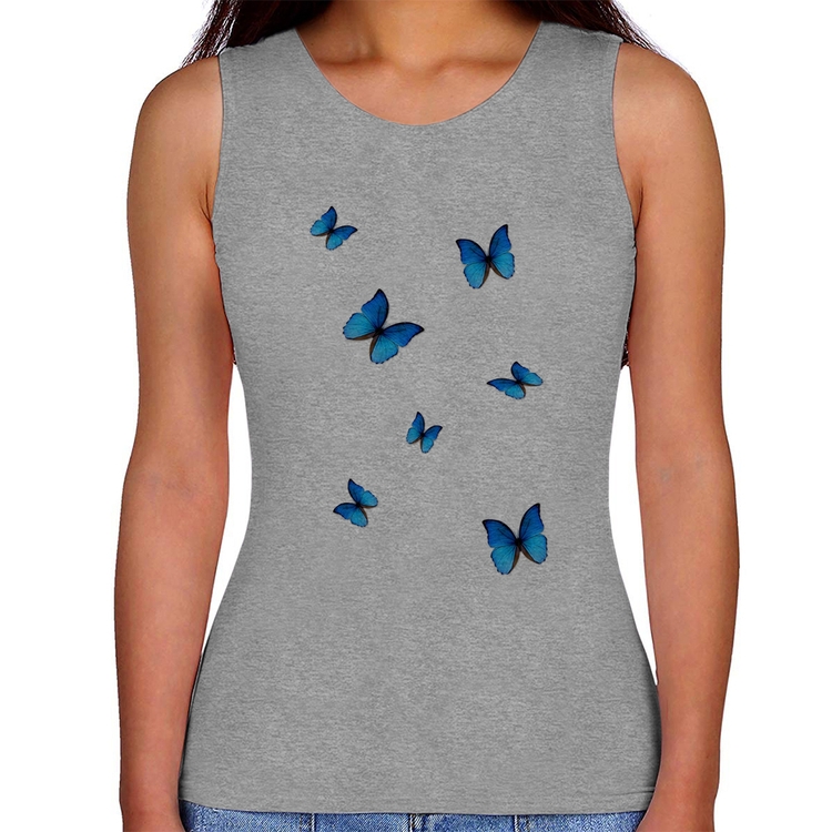 Regata Feminina Borboletas Azuis - Cinza