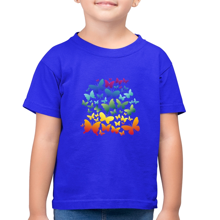 Camiseta Algodão Infantil Borboletas Coloridas - Azul Royal