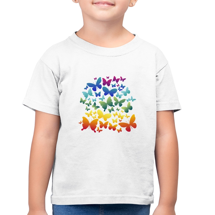 Camiseta Algodão Infantil Borboletas Coloridas - Branca