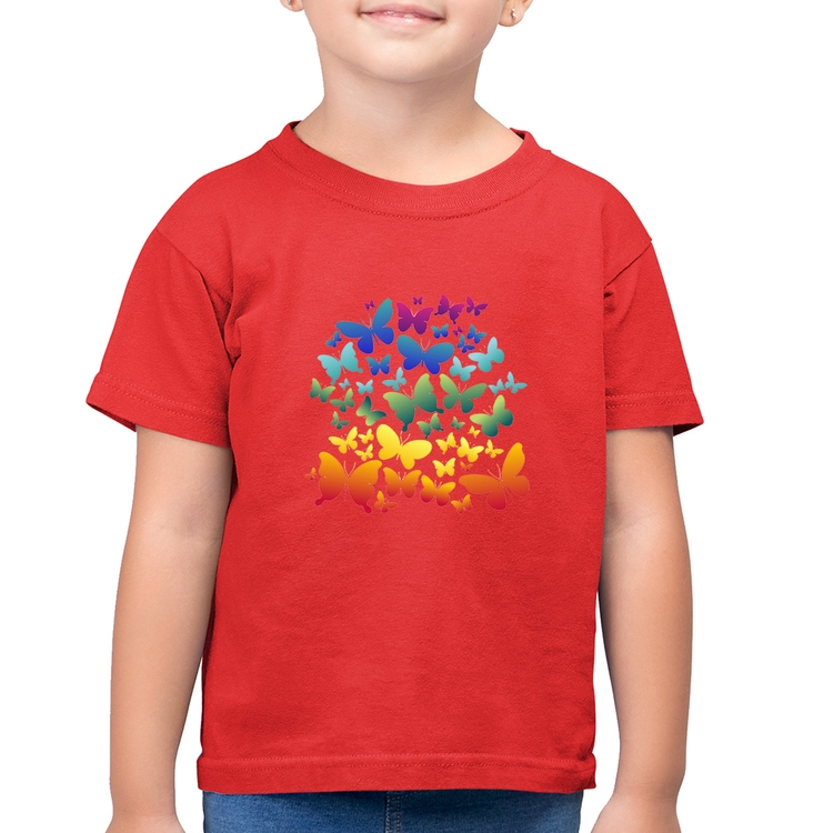 Camiseta Algodão Infantil Borboletas Coloridas - Vermelha
