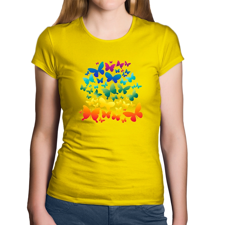 Baby Look Algodão Borboletas Coloridas - Amarela