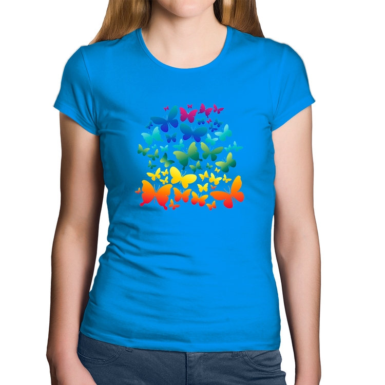 Baby Look Algodão Borboletas Coloridas - Azul