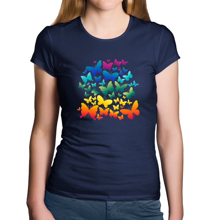 Baby Look Algodão Borboletas Coloridas - Marinho