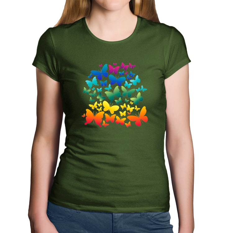 Baby Look Algodão Borboletas Coloridas - Musgo