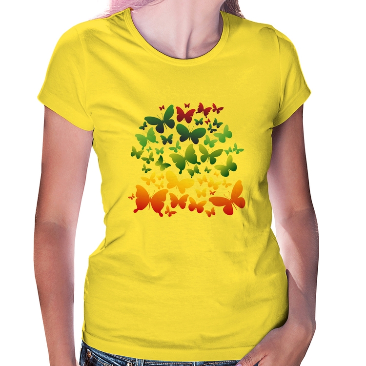 Baby Look Borboletas Coloridas - Amarela