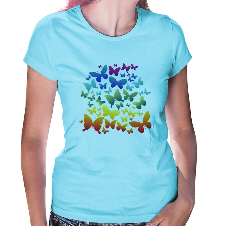 Baby Look Borboletas Coloridas - Azul Bebê