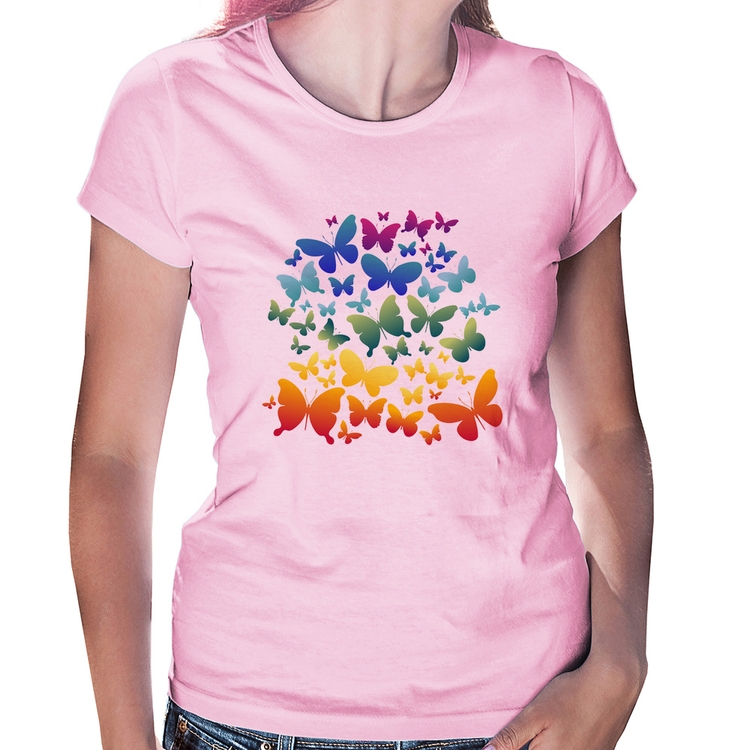 Baby Look Borboletas Coloridas - Rosa Bebê