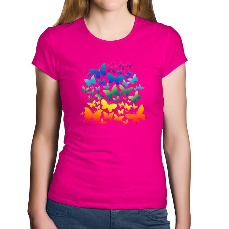 Baby Look Algodão Borboletas Coloridas - Rosa