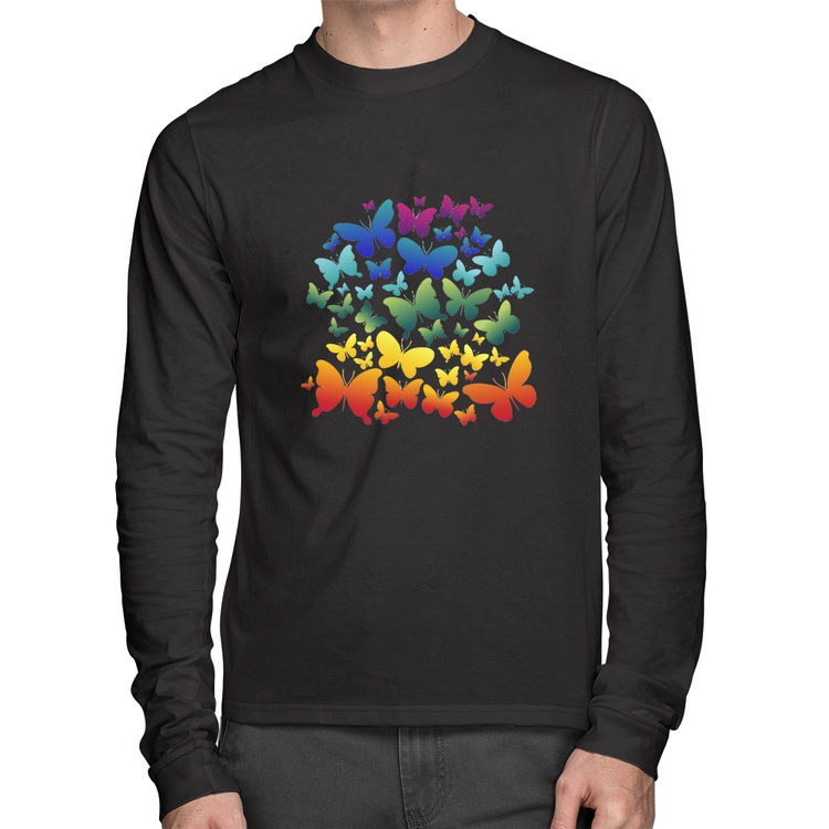 Camiseta Algodão Borboletas Coloridas Manga Longa
