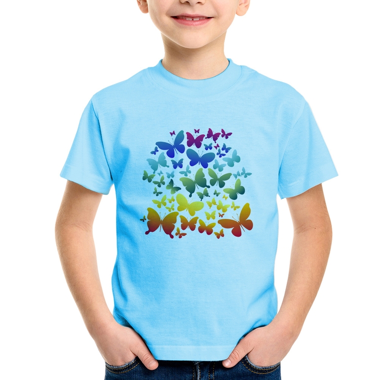 Camiseta Infantil Borboletas Coloridas - Azul Bebê
