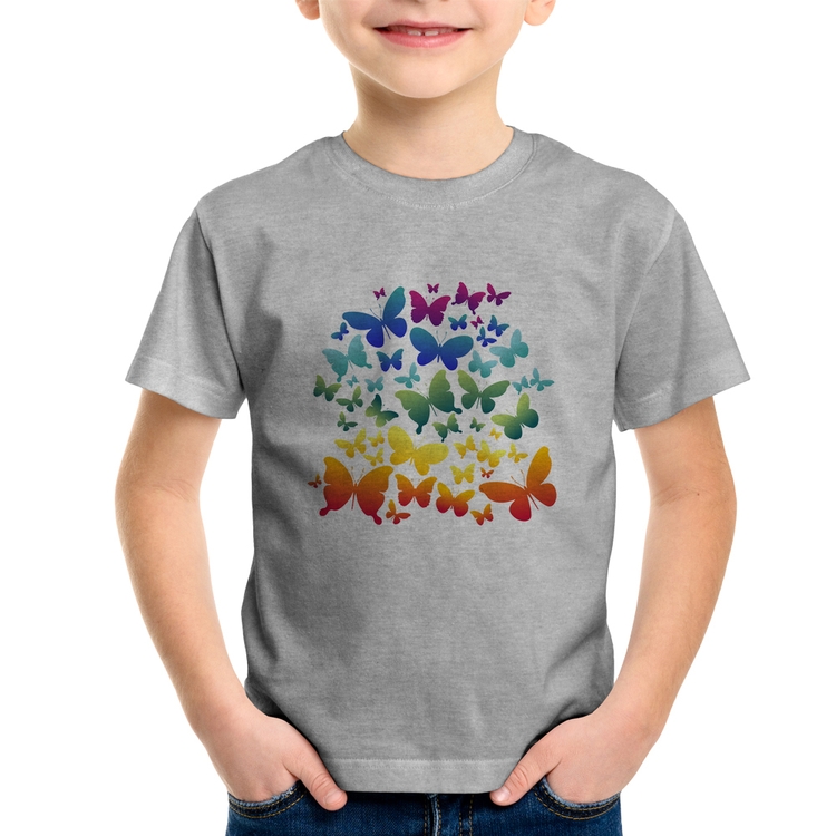 Camiseta Infantil Borboletas Coloridas - Cinza