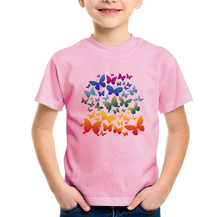 Camiseta Infantil Borboletas Coloridas - Rosa Bebê