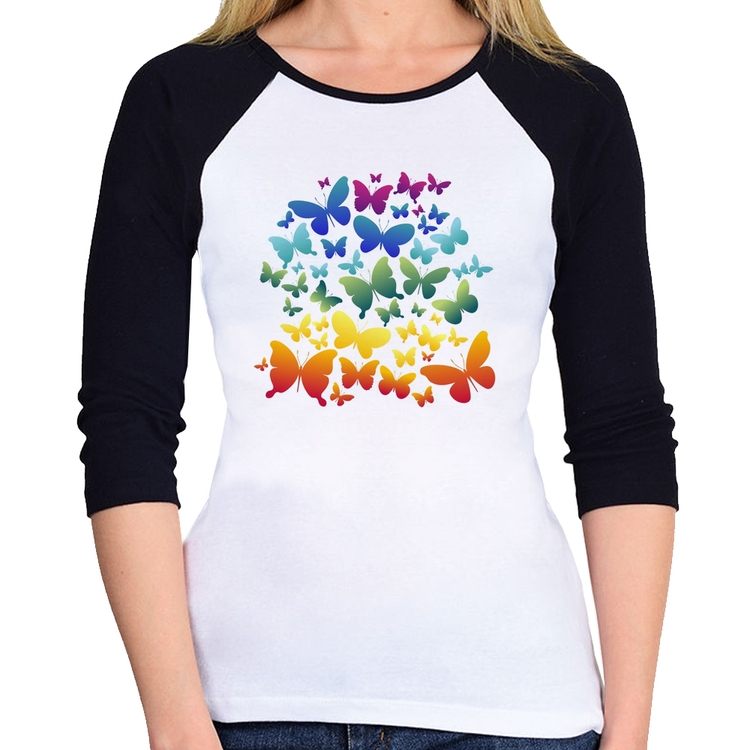 Baby Look Raglan Borboletas Coloridas Manga 3/4