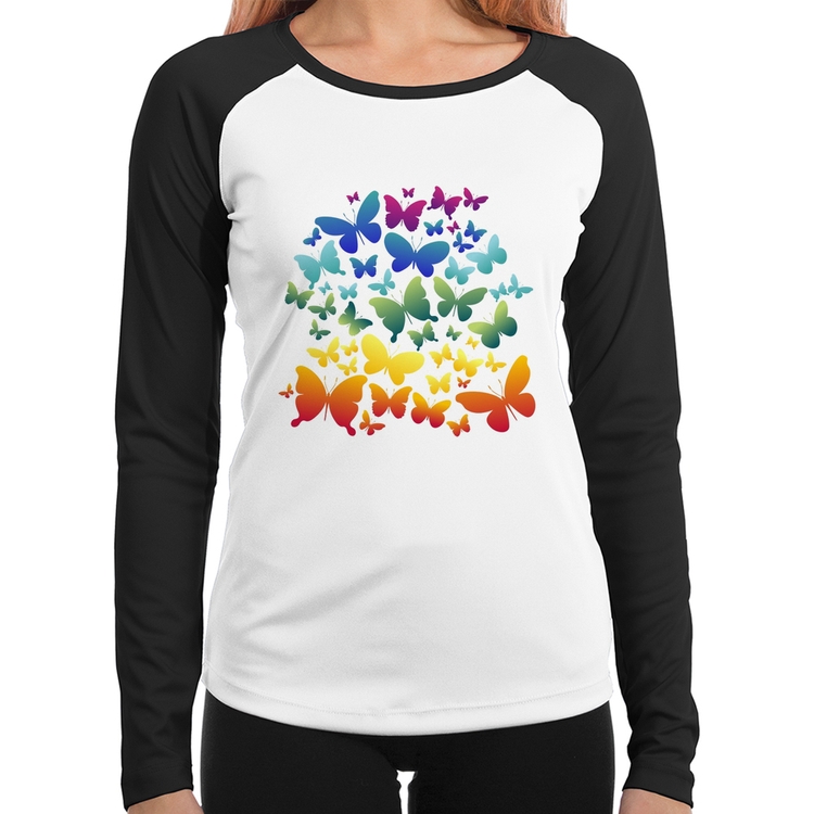 Baby Look Raglan Borboletas Coloridas Manga Longa