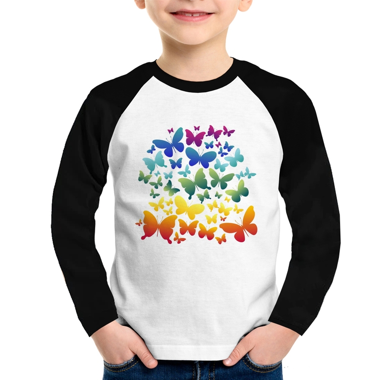 Camiseta Raglan Infantil Borboletas Coloridas Manga Longa
