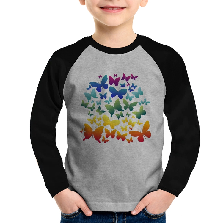 Camiseta Raglan Infantil Borboletas Coloridas Manga Longa - Cinza/Preto