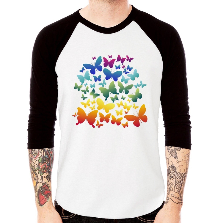 Camiseta Raglan Borboletas Coloridas Manga 3/4