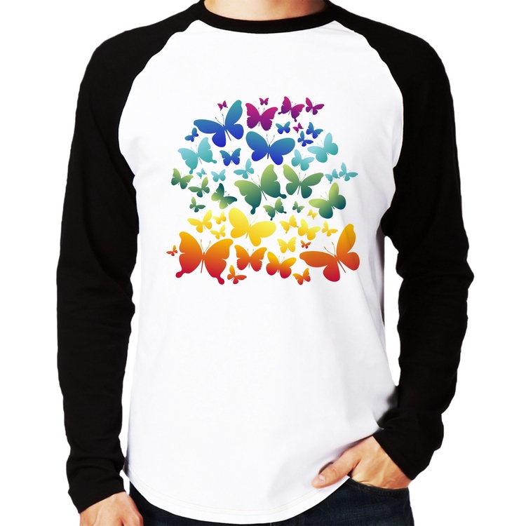 Camiseta Raglan Borboletas Coloridas Manga Longa